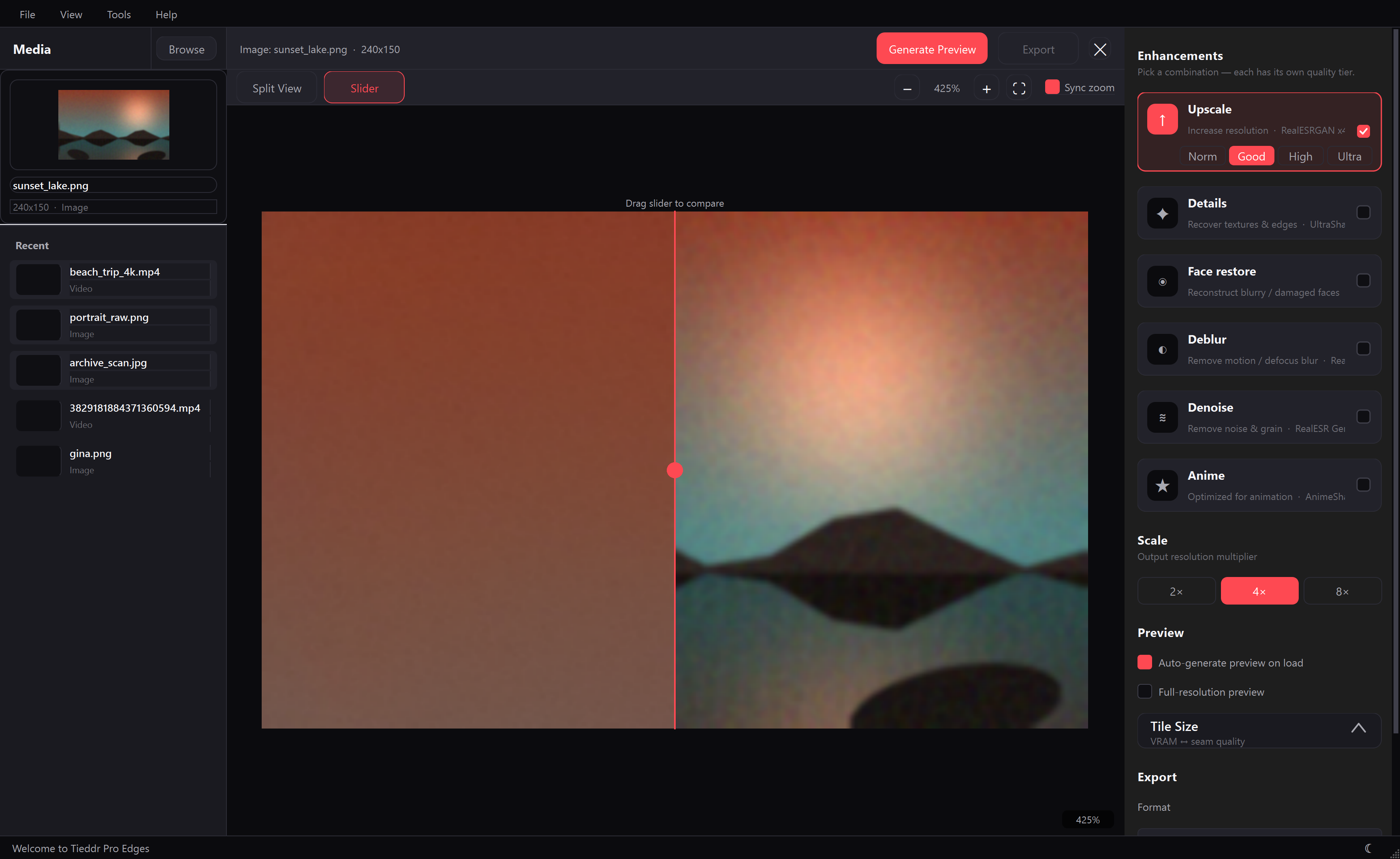 Tieddr Pro Edges editor with a sunset scene matched to UltraSharp V2